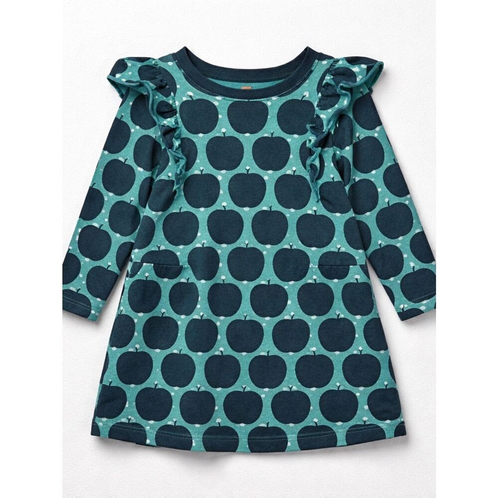 Tea Collection green and navy blue apple print long sleeve knit dress size 4